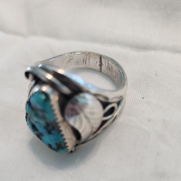 Artisan Turquoise Sterling Silver Native American Leaf Ring Size 10 Jewelry - Picture 7 of 7